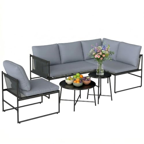 Outsunny Lounge Gartenmöbel Set 4-5 Personen Dick Waschbar Kissen Netzsitze | Gartenlounge Set, 2 Sitzer Gartensofa, 2 Couchtisch Stuhl, Seitentasche, Ecksofa, Outdoor Sitzgruppe Dunkelgrau