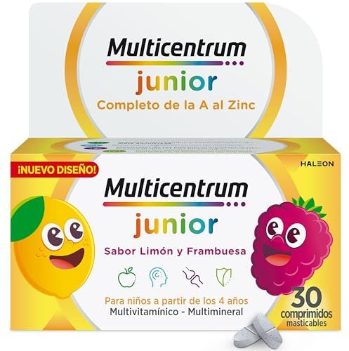 Multicentrum Junior Complemento Alimenticio Multivitamínico y Multimineral Para Niños a Partir de 4 Años, Sin Gluten, 30 Comprimidos Masticables