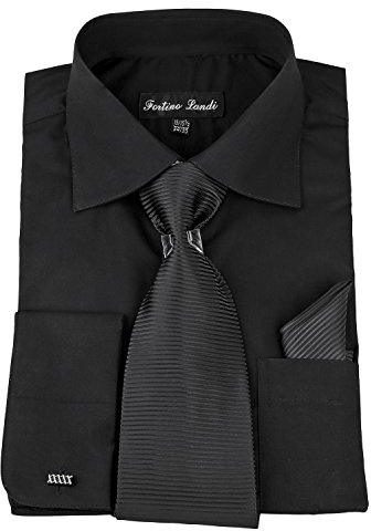 Milano Moda Solid Dress Shirt with Tie, Hankie & French Cuffs SG27-Black-17-17 1/2-34-35