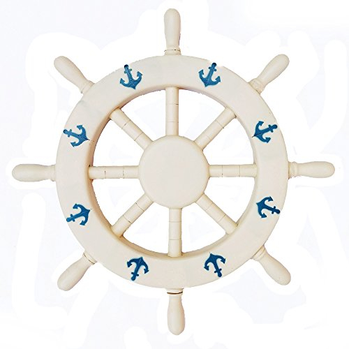 Mandel weiß Deko Schiff Rad mit Blau bedruckt Anker – Home Decor – Nagina International, holz, White , grey, black , light white, 106,68 cm