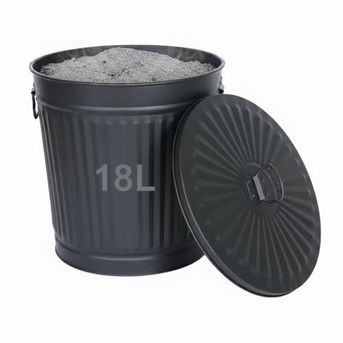 Jinfa Askbehållare & Vedförvaring i Metall med Lock – Vintage Soptunna för Aska, Ved & Förvaring | Brandsäker Askhantering | 18L | Ø29×H31,5cm | Svart Retro Stil