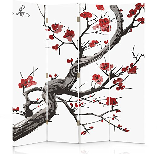 Feeby Biombo Cerezo Japonés 4 Piezas 145x180 cm Unilateral Divisor Plegable Decoracion Separador de ambientes Moderno Diseño Habitación Salón Oficina Dormitorio Home Office Blanco Rojo Negro