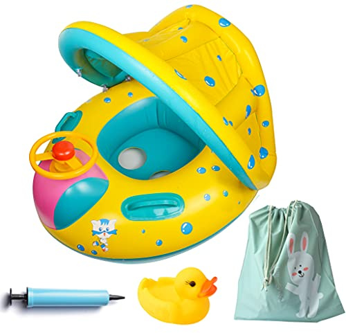Inflatable Baby Swimming Pool Floats with Removable Sun Protection Canopy, Toddler Floaties with Seat and Handle, No Flip Over Baby Boat Swim Floats for Age of 6-36 months, with Hand Pump, Storage Bag