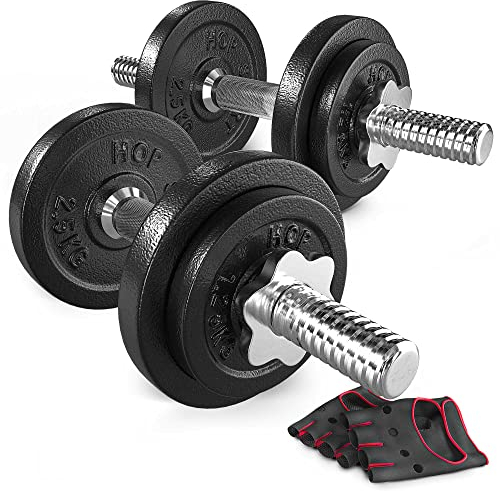 Hop-Sport Kurzhanteln 20kg (2 x 10 kg), Gusseisen Dumbbell Set, Fitnessgeräte für Zuhause, Hantelset mit Neopren Handschuhen, Verchromter Stahlstange
