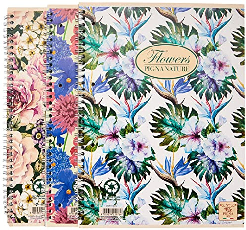 Pigna, Confezione 5 Maxi Quaderni Spiralati Nature Flowers,carta riciclata 80gr, A4 , con 4 fori e microperforazione, interno 5M,quadretti 5mm