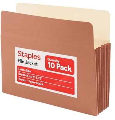 Staples Reinforced File Pockets, Letter Size, Expands Up to 5.25, Heavy‑Duty Brown Accordion Folders with Strong Gussets – 10/Pack