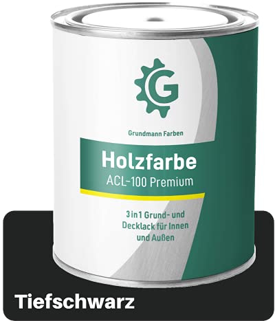 Grundmann Holzfarbe ACL 100 - Holzlack 0,7 Kg Schwarz - 4in1 inkl. Grundierung - Seidenmatt - Wetterfest für Innen & Außen - RAL 9005 Tiefschwarz