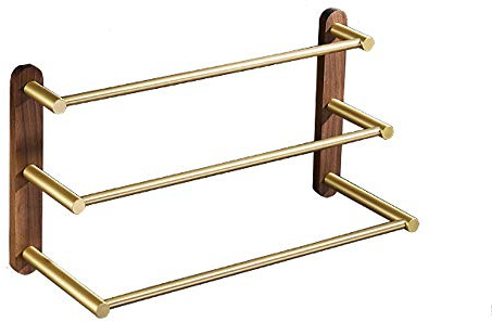 SHUGUANG Porte-Serviettes Mural avec 3 Bars, Barre Porte-Serviette en Noyer Noir et Aluminium WC Accessoirs, Support Porte-Serviettes pour Lavabo Salle de Bain, Cuisine, Or brossé,58cm