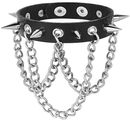 MILAKOO schwarzes Armband Lederarmband mit Ketten Punk Gothik Armreif nieten Druckknopf verstellbar