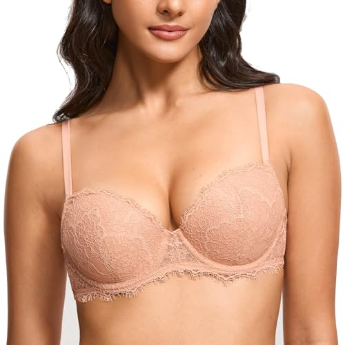 DOBREVA Women's Balconette Bra Lace Lightly Padded Demi Full Coverage Plus Size Bras Underwire Support Blush Beige 38DD