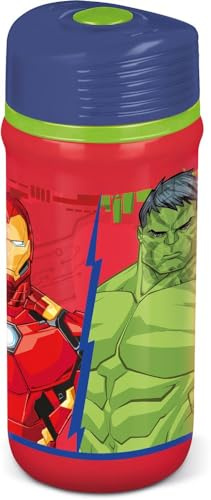 Tataway Marvel Borraccia rossa e blu in plastica per bambini Avengers Hulk Iron Man 390 ml con chiusra antigoccia