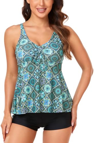 OAMENXI Tvådelad baddräkt för kvinnor, push-up, badkläder, tankini set med hot pants, tryck, baddräkter, bikini, baddräkt sportig, greenplaid, 3XL
