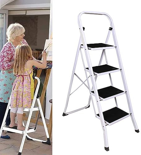 Folding 4 Step Ladder with Safety Handrail & Non Slip Tread, Portable Foldable Safety Stepladder, Heavy Duty Metal Steel Ladder, Max Load 150kg