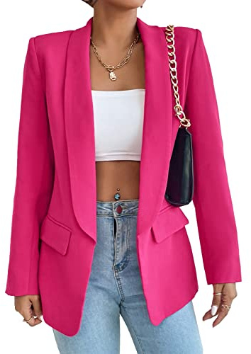 KateModa Blazer casual da donna, a maniche lunghe, aperto sul davanti, collo a scialle, giacca slim alla moda, per primavera e autunno, giacca blazer da lavoro, Rosa, Large