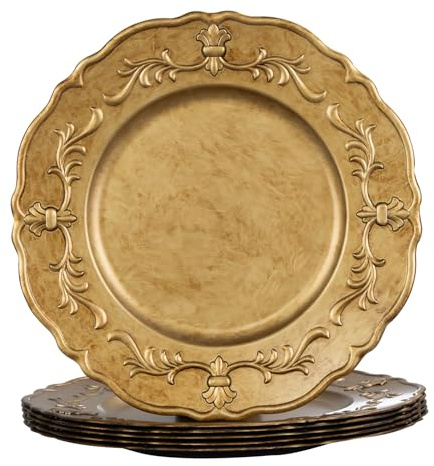 MAONAME Antique Gold Charger Plates Set of 6, 13 Round Plate Chargers | Embossed Plastic Table Chargers, Gold Plate Charges for Dinner Plates, Vintage Decorative Chargers for Table Setting, Party