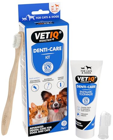 VETIQ® Denti-Care Kit Enzymatische Zahnpasta hilft Zahnstein zu bekämpfen und Zahnbelag zu reduzieren. Enthält Bambuszahnbürste und Silikon-Fingerhülse. Für Hunde und Katzen