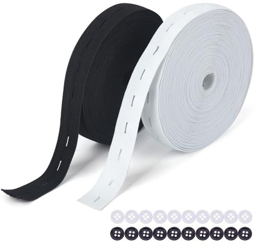 2 Rollen 14M Gummiband mit Knopfösen, Flaches Nähband Gummiband mit Knopfloch,Gummiband Breite 20mm und 20 Knöpfe Elastisches Gummiband Nähen für Hosenrock Stirnband (Schwarz + Weiß)