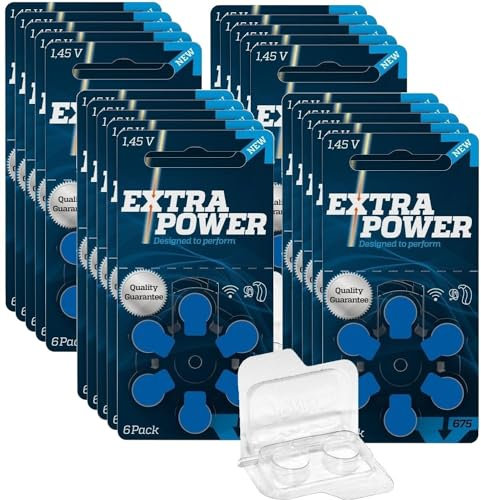 Extra Power Lot de 120 piles pour appareils auditifs PR44 Bleu Taille 675 + boîte de rangement pour 2 piles auditives