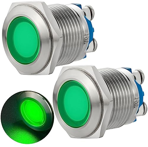 16mm Indicator Light 110V/120V LED AC/DC Pilot Lamp Waterproof IP66 Metal Stainless Steel 304 Pilot Panel 2Pcs Green 5/8