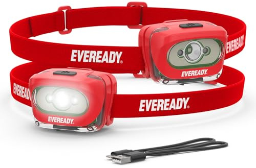 Eveready X200 LED Rechargeable Headlamps (2-Pack), Super Bright IPX4 Water Resistant Head Lights for Running, Camping, Emergency, Outdoors (USB Cable Included)