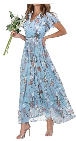 FZKun Women's Chiffon Floral Maxi Dress - Summer Elegant Boho Long Flowy Dresses Ruffle Sleeves V Neck Vacation Beach Outfit Wedding Guest Engagement Cocktail Party (M,Blue)