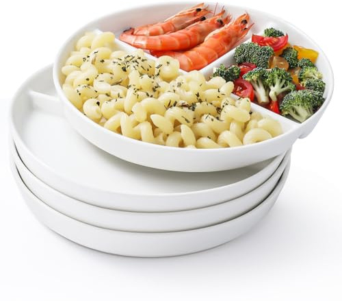 cikiciki 10 Ceramic Divided Plates Set of 4 - Large 3 Compartment Portion Control Plates for Adults Kids, Bariatric Dinner Plates for Balanced Meal Prep, Microwave Dishwasher Freezer Safe, White