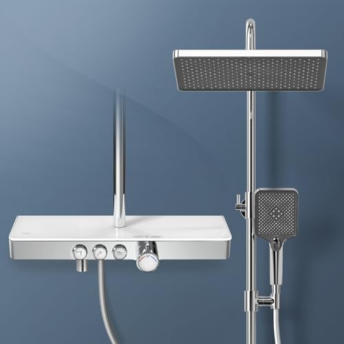 EMKE Colonne de Douche Thermostatique, Panneau Thermostatique de 45 cm, Douchette à Main 3 Jets, Douche de Pluie avec Mitigeur, Montage Mural, Chromé