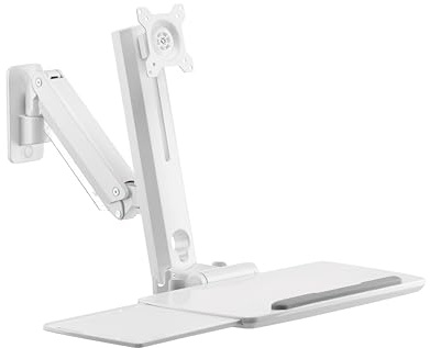 PureMounts Support d'écran avec Tablette Clavier, Support Mural pour écran avec Tablette Clavier, Réglable en Hauteur, Pivotant, Inclinable, Poste de Travail Stand Up, Blanc