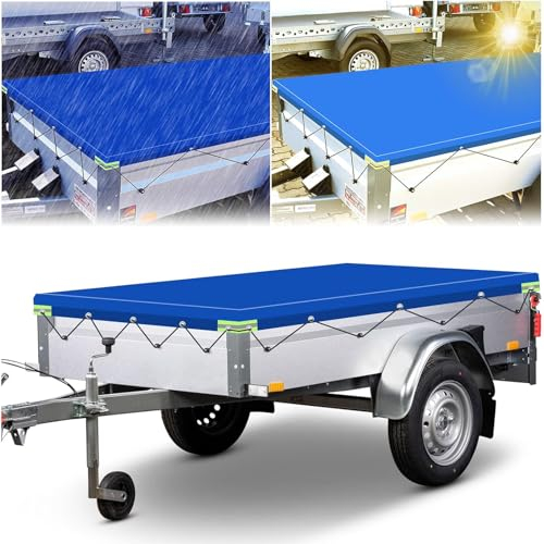 alouweekuky Anhänger Plane 214 X 122 X 13cm, 600D PVC Material Anhängerplane, Abdeckplane Anhänger mit Planenseil Reflexstreifen ösen für 750kg PKW Hänger Autoanhänger (Blau, 214 X 122 X 13cm)