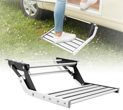 HuKaiL Manuelle Wohnwagen Trittstufe, 55cm Doppeltrittstufe Wohnwagen lkw Zubehör mit 150Kg Tragfähigkeit, Camping Einstiegstufe Wohnmobiltrittstufen RV Steps für Wohnmobile, Reiseanhänge, 54*45.5cm