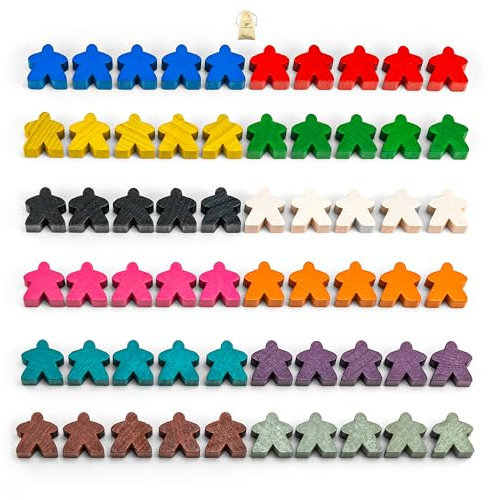 Waldfelsen® 16 mm Meeple aus Holz passend für Carcassonne (60 Stück in 12 Farben)