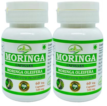 Moringa-Kapseln 500 mg. 60 Veganer. Einheiten | Moringa (Moringa oleifera) Extrakt-Kapseln für Männer und Frauen | Ayurvedische Kräuterergänzung/Heilmittel | 10:1 Stärke (2 Flasche mit 60 Kapseln)