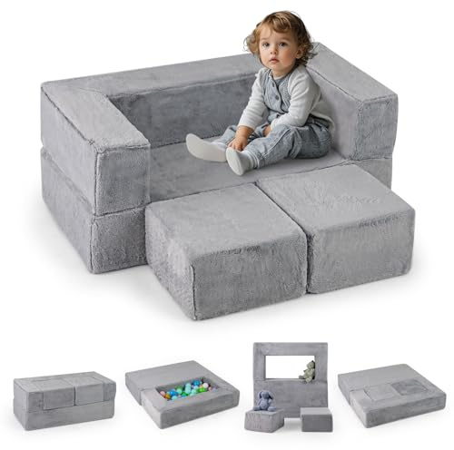 HOMFME Canape Enfant Modulaire en Mousse, Canapé-Lit 4 PCs Convertible avec Housse en Tissu Peluche Amovible et Lavable en Machine, Idéal pour Enfants 3 Ans+, Salon, pour Salle de Jeux, Gris