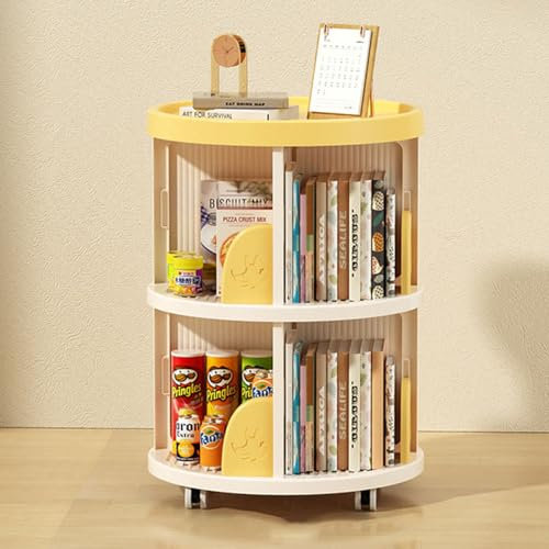 RKJDMSWJ 2 Tier Kids Bookshelf, Plastic Revolving Bookcase, 360° Rotating Bookshelf Tower, Floor Standing Bookshelf Storage Rack, for Bedroom, Living Room,Yellow