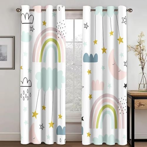 HNYDM 3D-Druck Verdunkelungsvorhänge Regenbogen Günstige Cartoon Kinder Fenstervorhänge für Mädchen Jungen Zimmer Schlafzimmer Dekor 2 Paneele WxH/2x132x220cm Vorhang Blickdicht