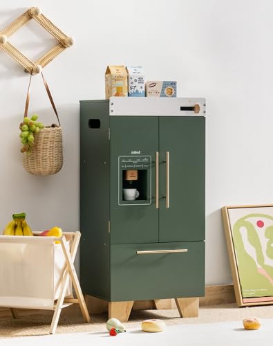 ROBUD Spielkühlschrank aus Holz, Spielküchenset für Kinder mit Zubehör, Interaktiver Spielzeugkühlschrank für Kinder, Geschenk für Mädchen Jungen Kleinkinder ab 3 Jahren