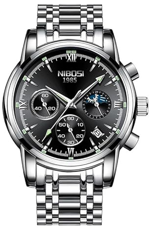 NIBOSI Orologio da Uomo, Cronografo Analogico con Quadrante Nero, Cinturino in Acciaio Inossidabile, Regalo, Luminoso, di Lusso, alla Moda, Indistruttibile, Massiccio, Casual, Sportivo, Impermeabile