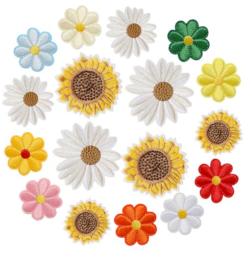 17 stycken bügellappar med blommor, ängsblomma-lappar att strykas på solroslappar att sy på lappar barn blomma bügellappar för vuxna flickor DIY-tillbehör kläder klänning jeans