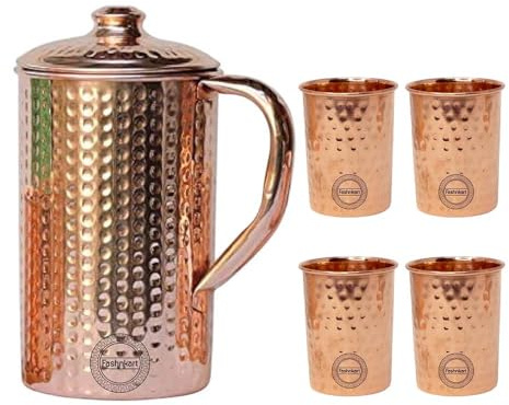 Pure Copper Pitcher with 4 Tumbler for Ayurvedic Health Benefits 1.5 Liter Handcrafted Hammered Copper Water Jug with 4 Cup