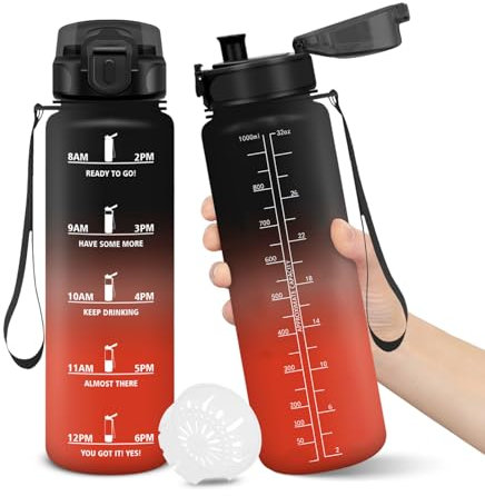 Borraccia, 1000ML Senza BPA, Borraccia Bambini, Design della serratura a prova di perdite, Borraccia Motivazionale, Con marca temporale, Bottiglia Acqua per Yoga, Sport, Scalare Montagne - Nero Rosso