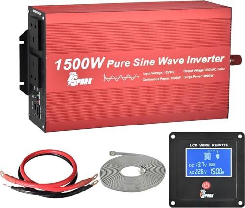 GSL SPARK Pure Sine Wave Power Inverter, 12V DC to 240V AC, 1500W/3000W Peak, LCD Remote, 2 AC Outlets, USB Ports