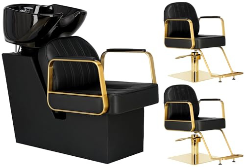 Calissimo Set Model Bresso bestehend aus einem Friseurwaschbecken mit einem Keramik Waschbecken inkl. Armaturen und Zwei hydraulischen Friseurstühlen mit Fußstützen bezogen mit Kunstleder