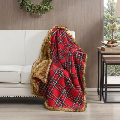 HORIMOTE HOME Faux Fur Throw Blanket | Christmas Red Plaid Fluffy Fur Blanket–Ultra-Soft & Luxurious Cosy Throws for Sofas, Couch & Bed Decor (150x200cm)