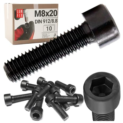 LUN FIX M8 Schrauben DIN 912 Zylinderkopfschrauben Stahl 8.8 Schwarz 10 Stk | Verzinkte Inbusschrauben M8x20 mm Für Möbelreparatur, Heimwerkerarbeiten, Industriemaschinen, KFZ, Inbus Zylinderschrauben