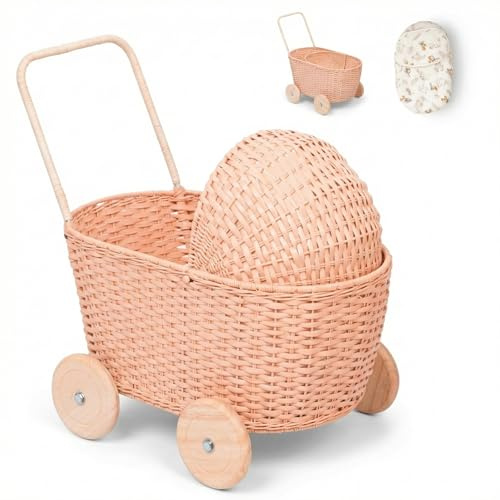 GON Stroller – Passeggino per bambole 3 in 1 in rattan, carrello e carrello per bambini | Passeggino per bambole intrecciato a mano in materiali naturali con cuscino e materasso, carrello per bambole