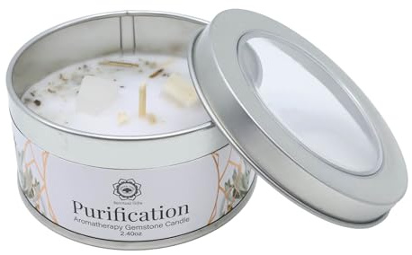 TENET - Candela Profumata Artigianale con Pietre Dure, 70g, Stoppino in Cotone, Durata 10-12 Ore, Prodotta in India (SALVIA BIANCA - SELENITE - PURIFICAZIONE)