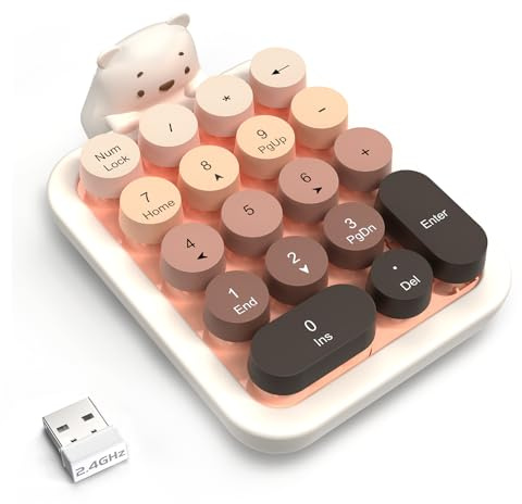 FELiCON Wireless Numeric Keypad, Mini-pavé Numérique Portable 18 Keys avec Touche Ronde Rétro et Récepteur USB 2,4 GHz, Coque Amovible en Silicone Motif Ourson pour PC, Laptop, Win, Mac - Milk Tea