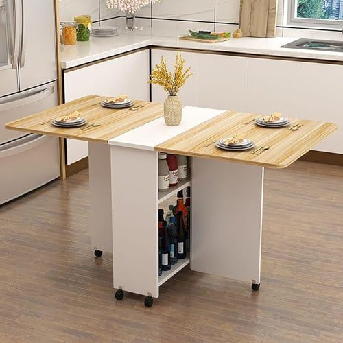 Tavolo da pranzo multifunzione DropLeaf con 6 ruote e 2 ripiani portaoggetti, tavolo pieghevole compatto in legno per lavoro, studio e sala da pranzo