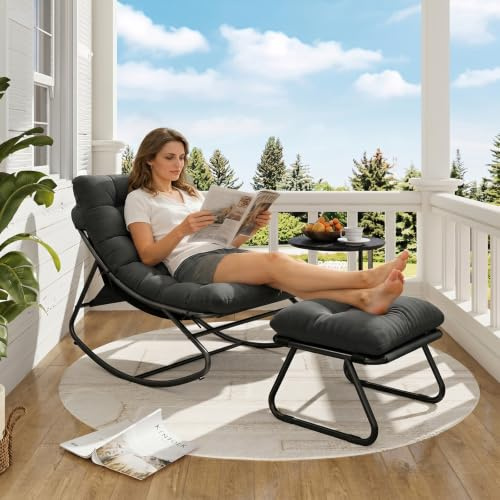 Aoxun Schaukelstuhl mit Hocker für Erwachsene, Schaukelliege Wetterfester Relaxstuhl aus Metall für Hof, Garten, Balkon, maximale Belastung von 160kg, Schwarzgrau