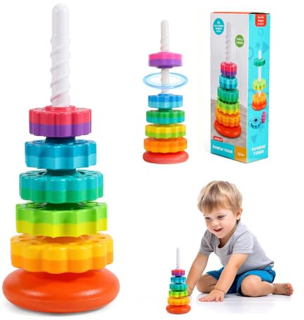 Tour À Empiler Rotative, Jouet Arc-en-ciel À Empiler Avec Tige En Spirale | Arc-en-Ciel Empileur, Tour Empilable Rotatif, Pyramide À 6 Disques Pour L'éveil Et Développement Cognitif pou 12 Mois et Plus